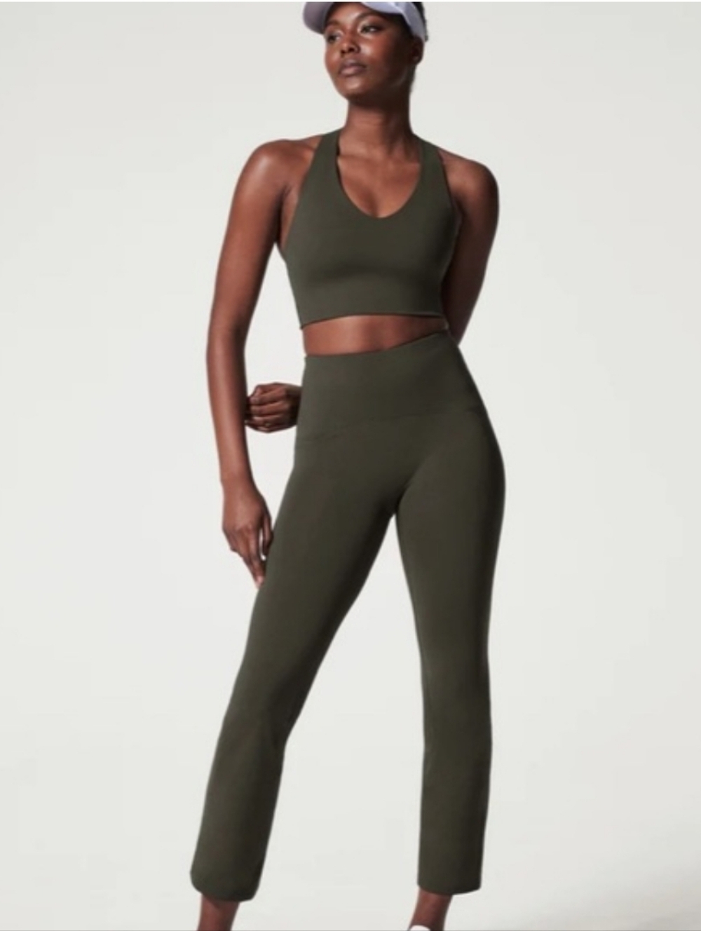 SPANX SPANXshape Booty Boost Active Ankle Flare Pant Olive Green Dark Palm Sz L